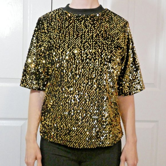 Tu Gold Sequins Blouse Women Size 8 Party Top Cocktail Dinner Dance Date Night - Picture 2 of 13